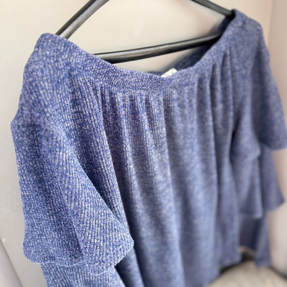 Peach Love California Women's M Blue Off Shoulder Bell Sleeve Top Tiered